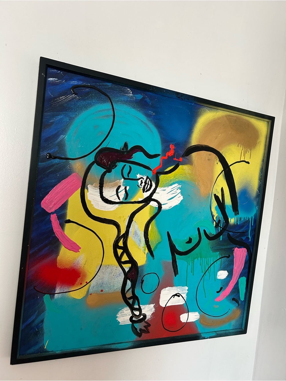 Abstract Female Form Canvas Art in Teal and Yellow by Addie Wuensch. Framed